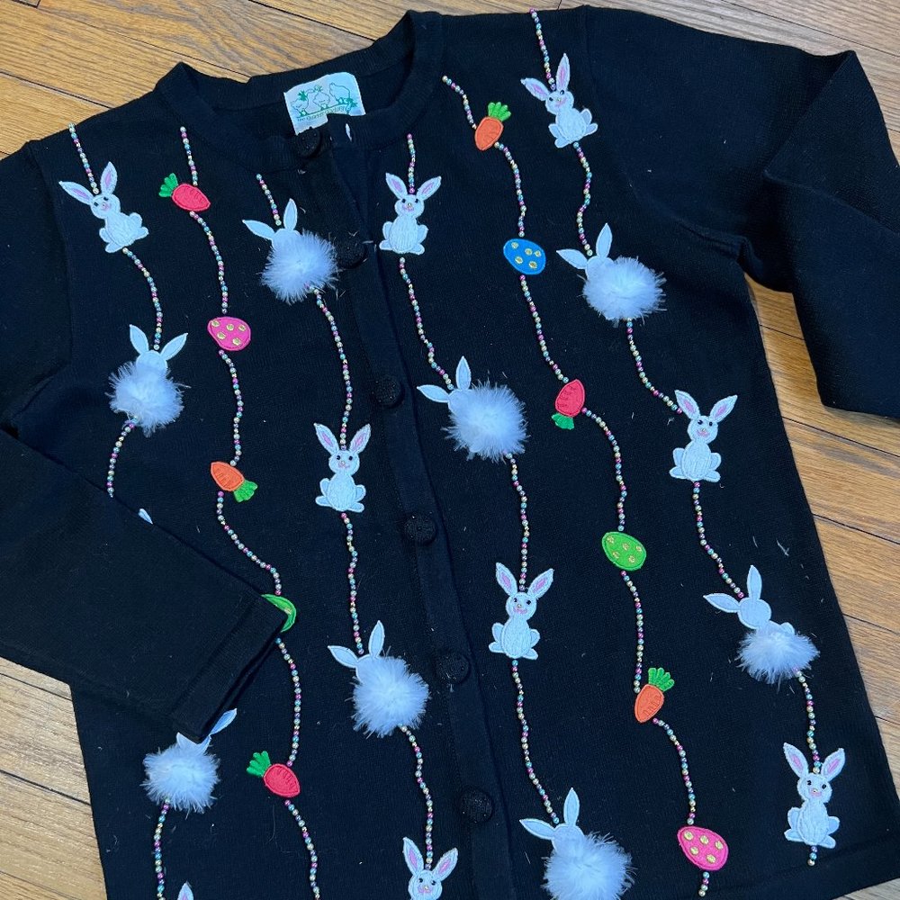 THE QUACKER FACTORY Easter Sweater - Sz S Black w Multi-Color Beads